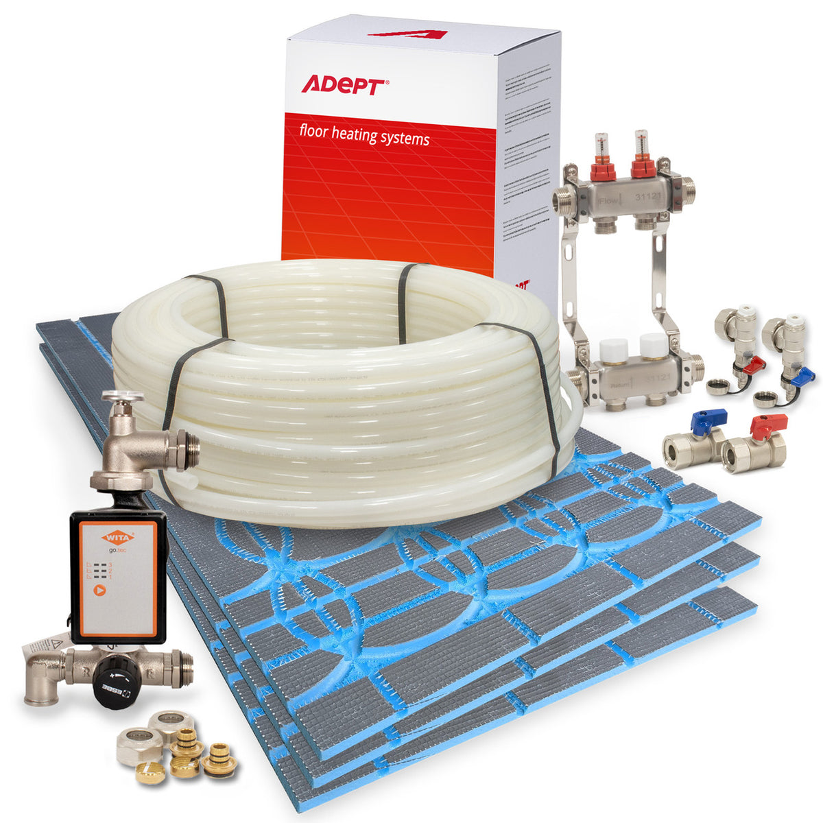 Adept AD-CXPS underfloor heating kit with grooved boards, pipe, manifold, pump and controls