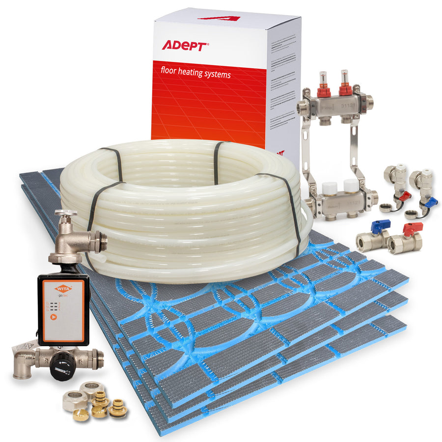 Low-profile water underfloor heating overlay system