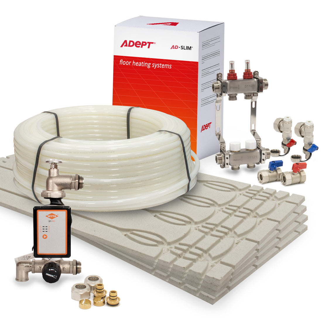 Adept AD-SLIM kit showing grooved boards, heating pipe, manifold, pump and fittings
