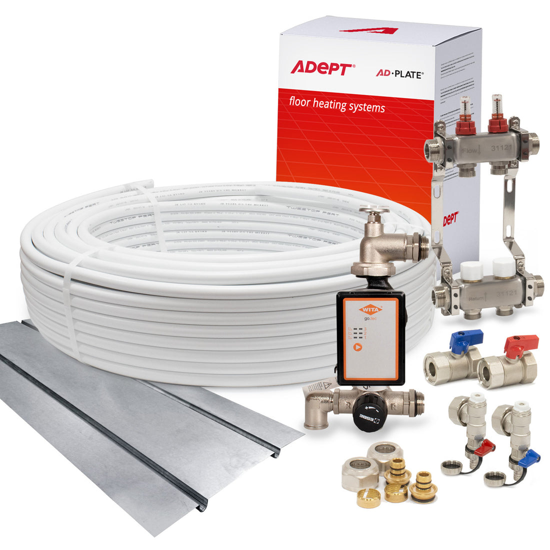 Adept AD-PLATE kit with aluminium spreader plates, coiled heating pipe, manifold and controls