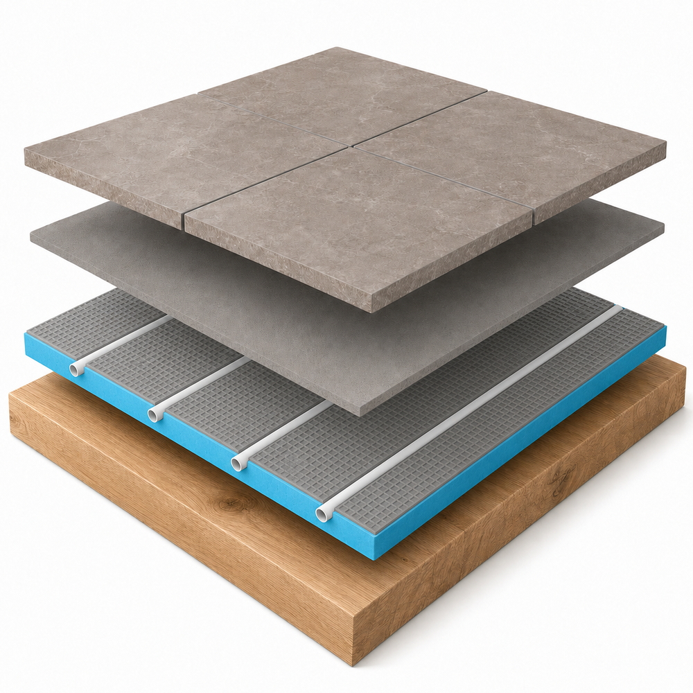 Illustration of an overlay water underfloor heating floor construction
