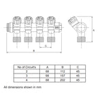 Potable Manifolds showing 2, 3 and 4 ports - Dimensions