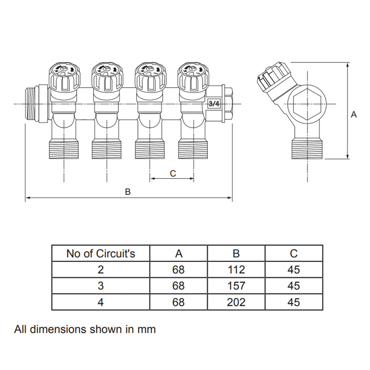 Potable Manifolds showing 2, 3 and 4 ports - Dimensions