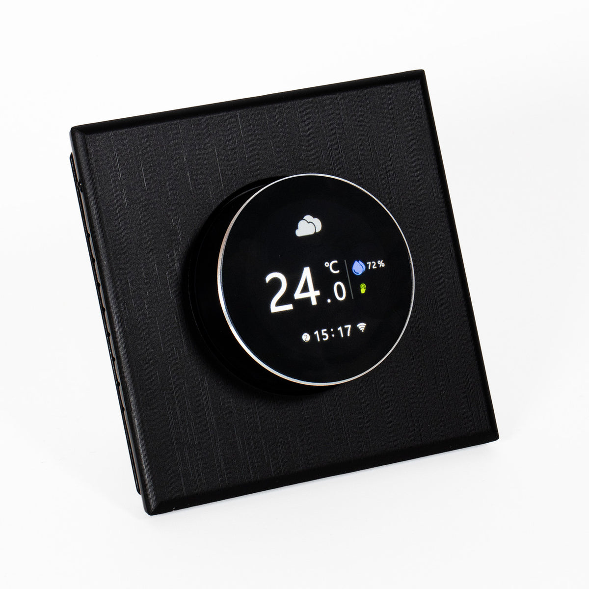 Adept Smart Dial WiFi Thermostat - Black Angled View Of Home Screen