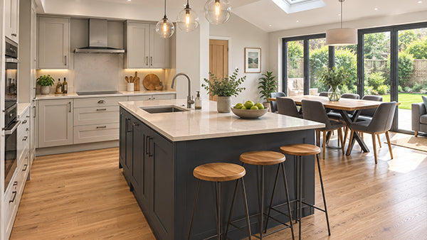A modern kitchen interior with a dark gray island featuring a white countertop and three wooden bar stools, set in a bright room with light wood floors, white cabinetry, and large windows overlooking a garden.