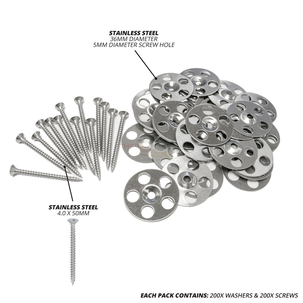 36mm Stainless Steel Washers for  Tile Backer Boards & 4 x 50mm Screws