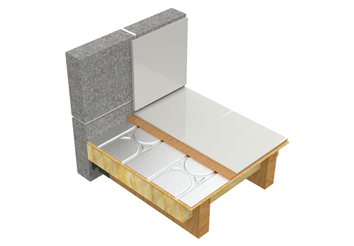 Typical AD-CHIPBOARD build-up showing heating panels above insulated timber joists and a protective upper flooring layer