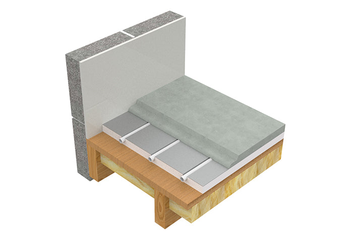 Typical AD-EPS400 floor build-up showing panels and heating pipe over a timber floor with an upper covering layer