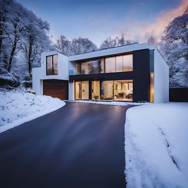 Snow-covered home with a clear heated driveway protected from snow and ice